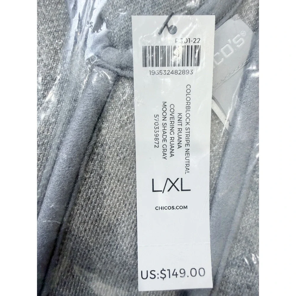 Chicos NWT Colorblock Stripe Ruana Moon Shade Gray L/XL Wrap Poncho Retail 149